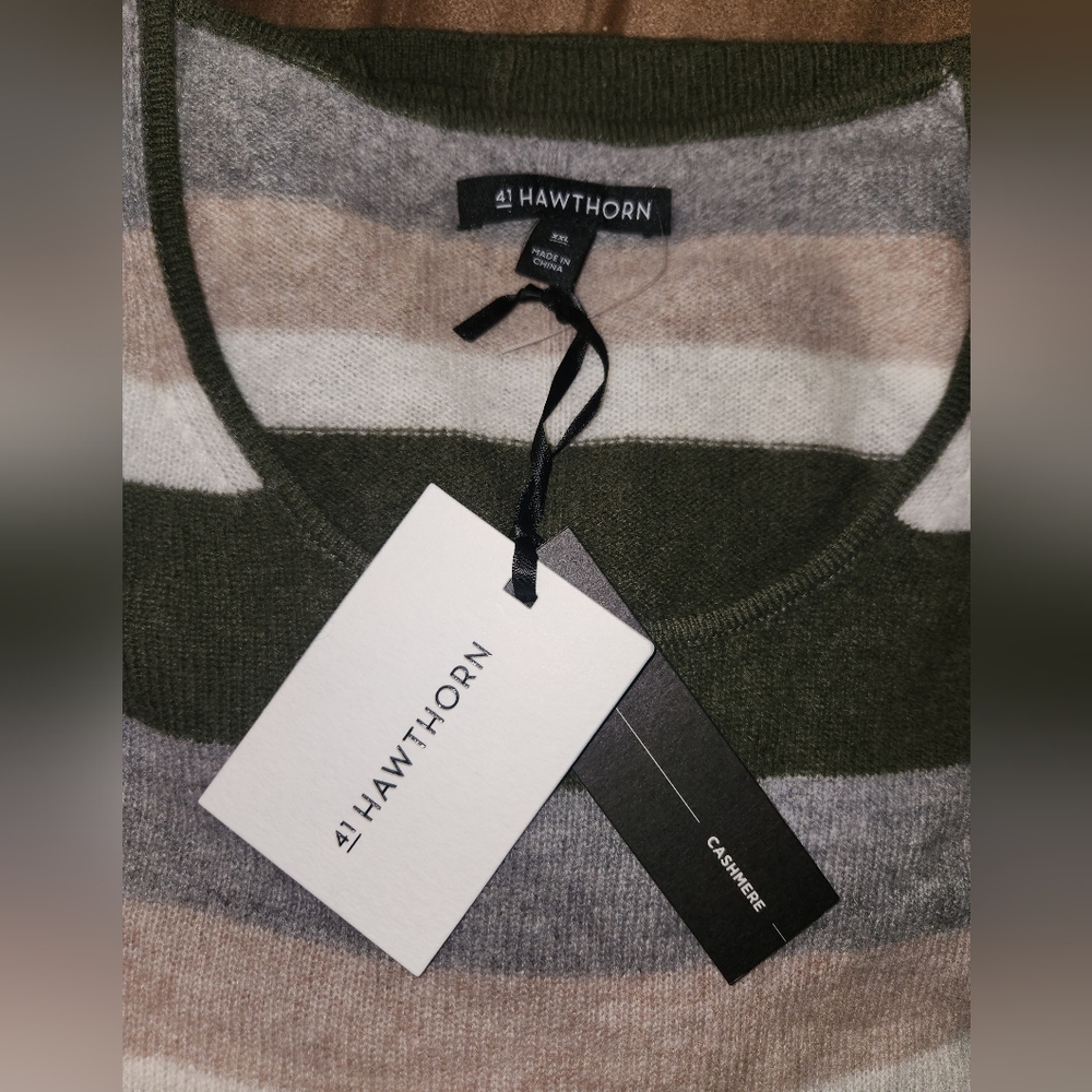 Nwt 41 Hawthorn Women Green Grey Tan Striped SOFT No Itch 100% Cashmere Sweater - Picture 7 of 8